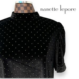 Nanette Lepore Black Gold Stud Velvet Top Sz L Puff Sleeve Whimsigoth Academia